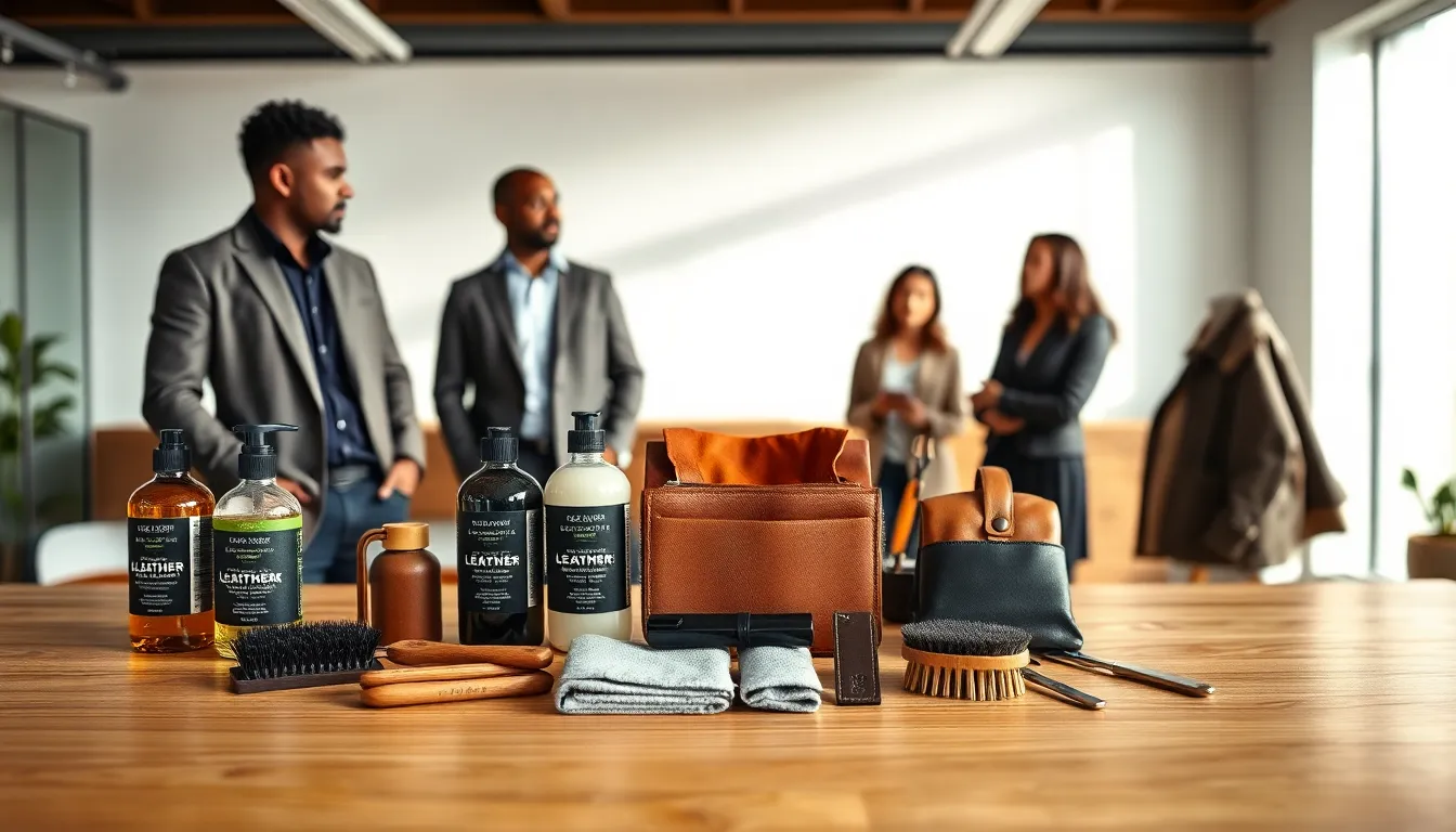 display of a leather cleaning kit with leather items on a modern workspace.