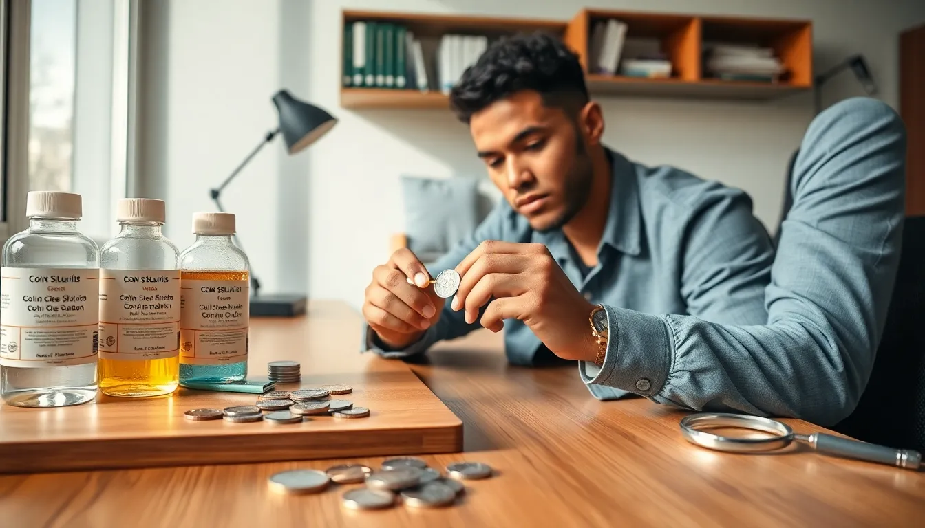 collector cleaning coins with solutions in a modern workspace.