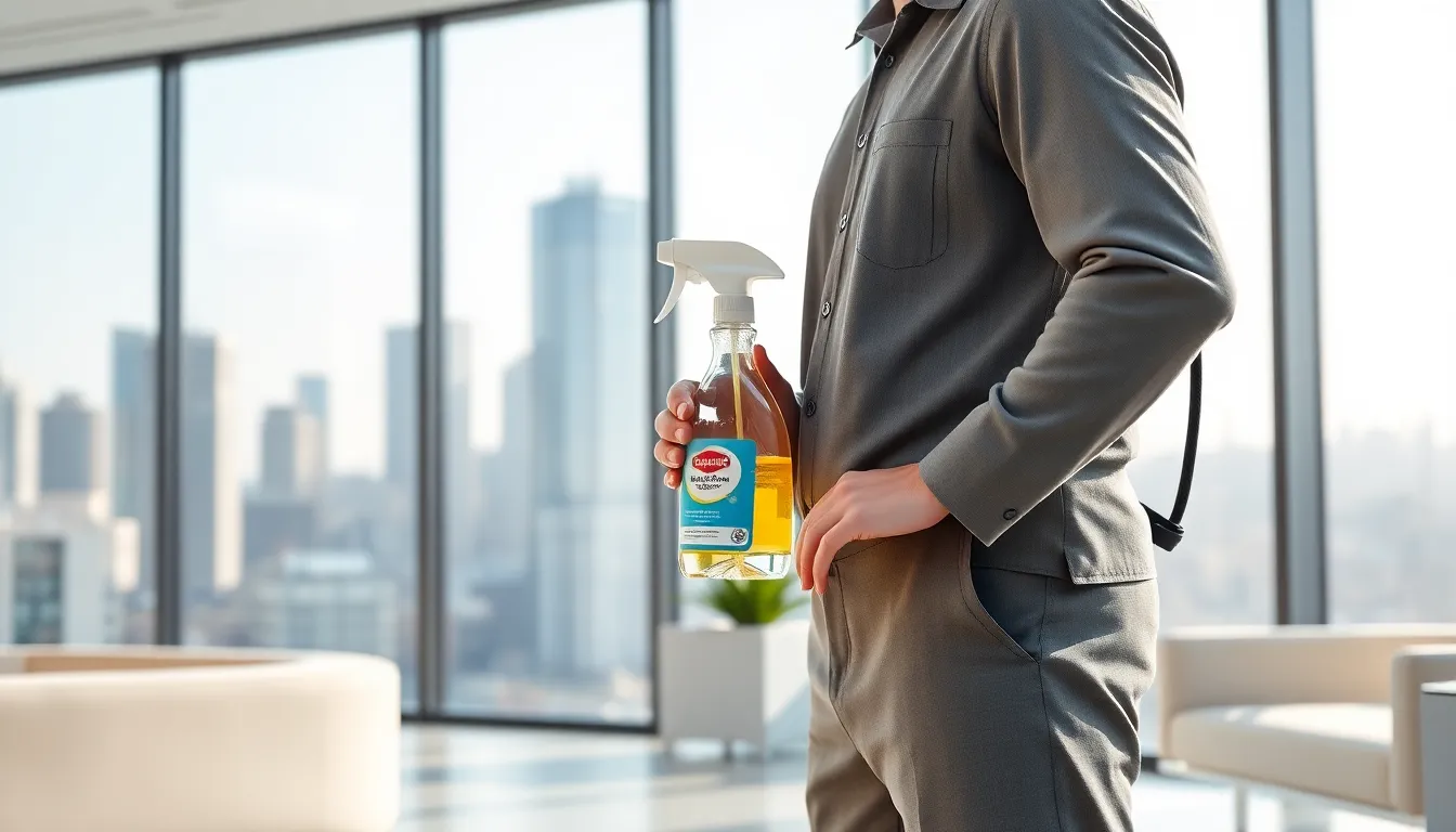 professional cleaning expert with window cleaning tools in a modern office.