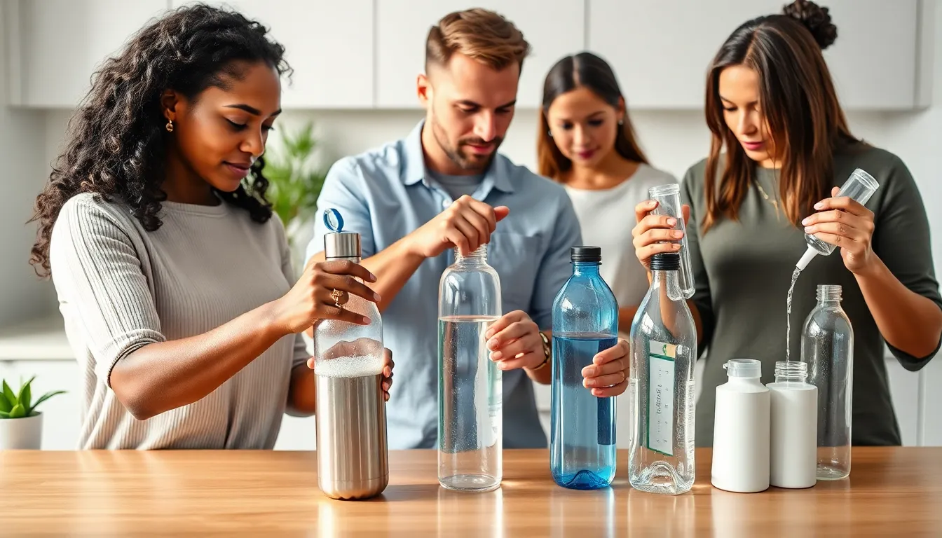 diverse group cleaning different types of water bottles in a modern kitchen.